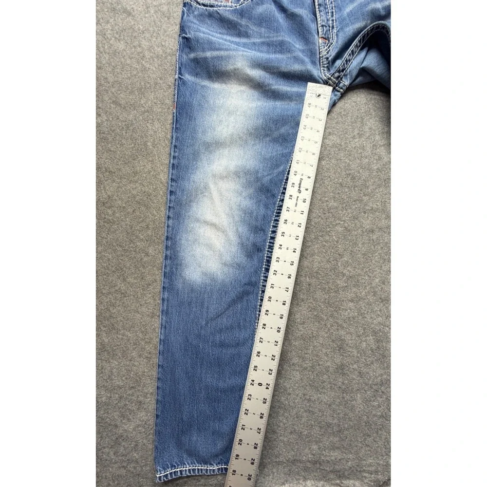 True Religion Skinny Leg Jeans Mens 42 Blue Whiskering Denim Thick Stitch Y2K